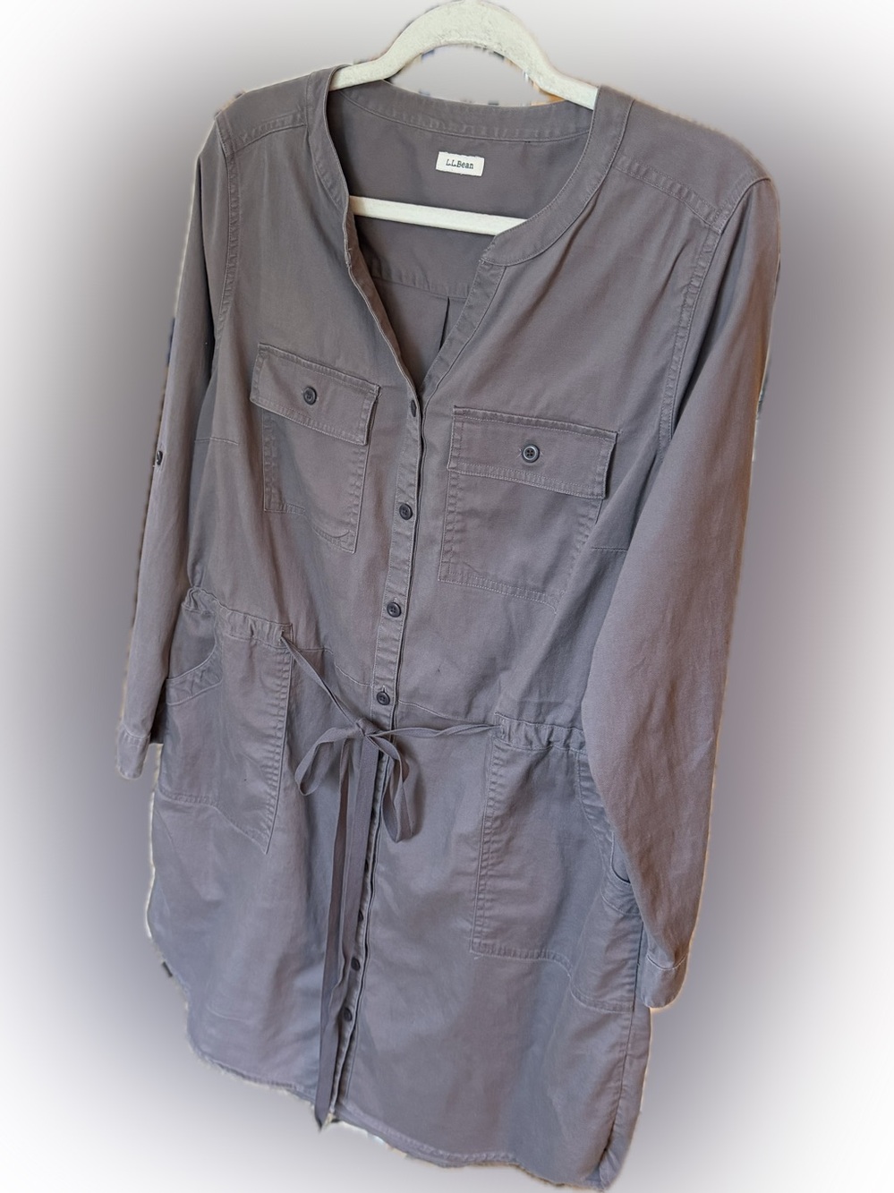 L.L.Bean Comfort Tencel Drawstring Utility Shirt Dress Taupe